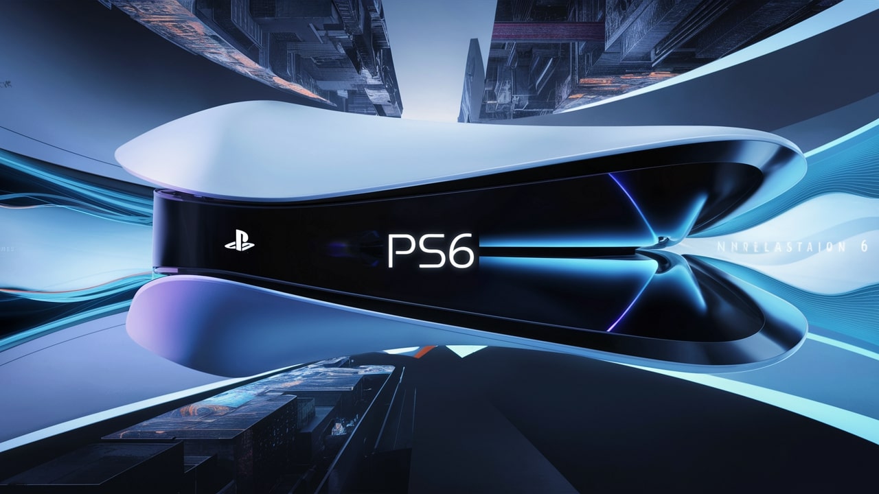 A futuristic and cutting-edge promotional image of the unreleased PlayStation 6 console. The PS6 is shown in a sleek and modern design, with a glossy finish and vibrant colors. The console features a holographic display and innovative touch controls. The words 'PS6' are prominently displayed on the console, creating anticipation for the next generation of gaming. The background shows a stunning cityscape, with a sense of urban futurism and technological advancement.
