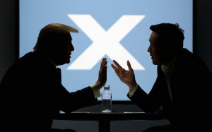 Generated image: a silhouetted donald trump and silhouetted elon musk in discussion across a table with a screen behind them with a ginat white 'X' logo. no facial features can be made out and no fingers are to be shown