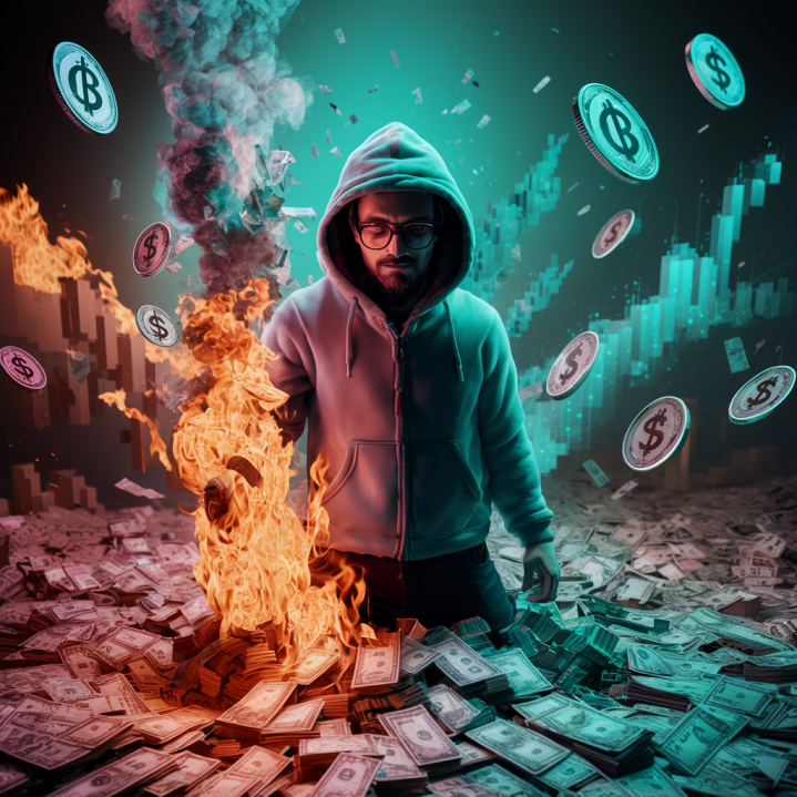A captivating digital illustration of a cryptocurrency developer, wearing a hoodie and glasses, standing amidst a sea of cash and cryptocurrency tokens. In a bold and surprising move, the developer sets fire to $10 million in cash. Despite this seemingly negative action, the tokens in the background rally and soar to new heights, symbolizing the resilience and strength of the crypto market.