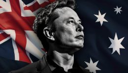 Black and white side profile headshot of Elon Musk. The background is coloured with an Australian flag behind him