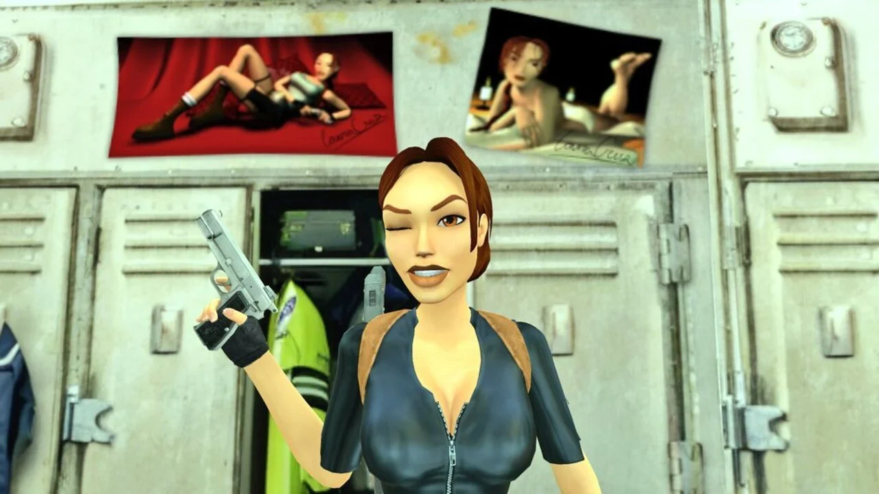 Lara Croft, hero of Tomb Raider, winks at the viewer while brandishing a pistol in front of a row of lockers, two pinups showing Croft in sexy poses appear over her shoulders