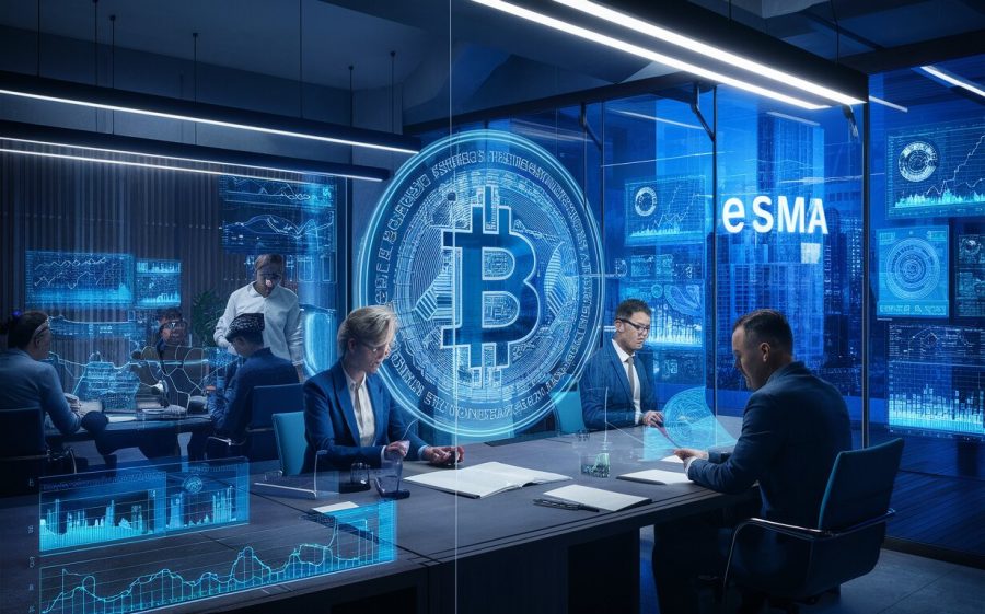 A conceptual illustration of the European Securities and Markets Authority (ESMA) office, focusing on their department handling cryptocurrency regulation. The setting is a high-tech, futuristic office space with sleek designs and holographic screens displaying various cryptocurrency graphs and data. ESMA officials are seen discussing and reviewing the regulations, while a transparent wall reveals a cityscape.