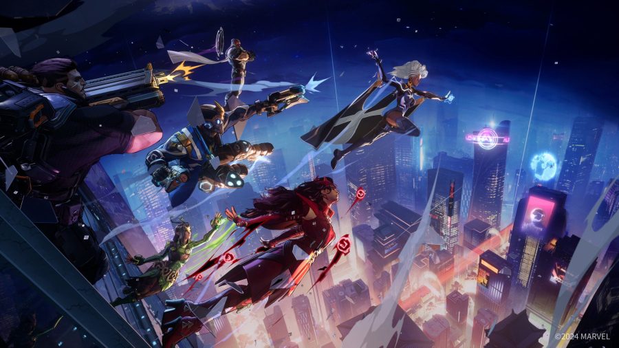 The X-Man Storm leads Elektra and other heroes in flight toward an unseen adversary in a promotional image for the Marvel Rivals video game.