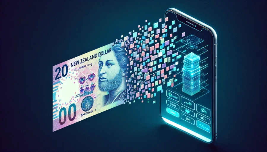 Illustration of a New Zealand dollar banknote transitioning into a digital wallet or mobile app, representing the RBNZ's exploration of a central bank digital currency.