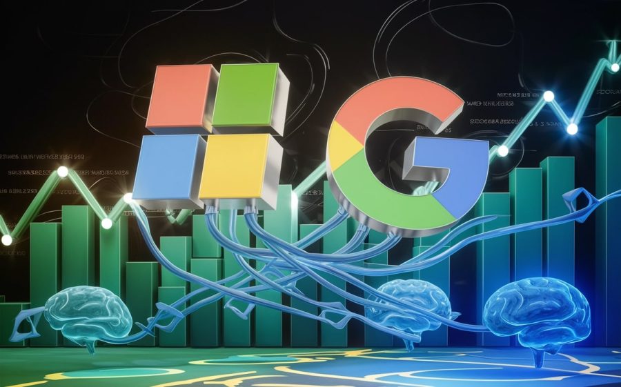 A stunning 3D render of the Microsoft and Google logos, floating above a vibrant and abstract background. The backdrop features colorful line graphs, representing stock growth, and AI brain symbols, signifying the companies' advancements in artificial intelligence. The graphs are in shades of green, while the AI brains are depicted in blue, connected by blue wires that flow seamlessly into the logos. The overall atmosphere is futuristic and high-tech, reflecting the innovative spirit of both companies