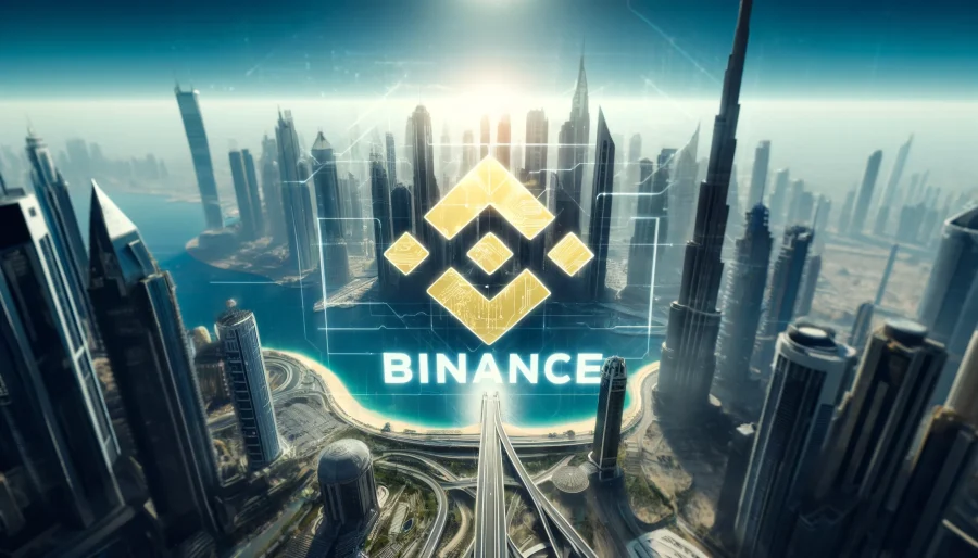 Digital cryptocurrency exchange Binance logo against a cityscape of Dubai skyscrapers