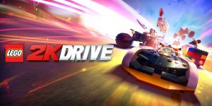 Cover image for Lego 2k Drive. Three lego cars speed along a road towards the viewer on a desert road