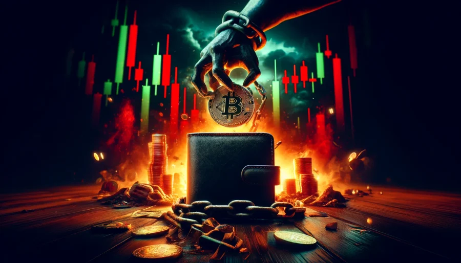 Digital art of Samourai Wallet in chains, with Bitcoin logos in the background, crashing down. Dark, ominous colors, with red and green candlesticks representing price drops.