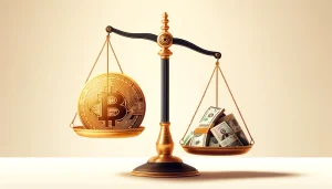 An image of a balance scale with Bitcoin on one side and traditional fiat currencies on the other. The Bitcoin side is slightly higher, indicating its growing value and importance in the financial world, especially in light of the 2023 halving.