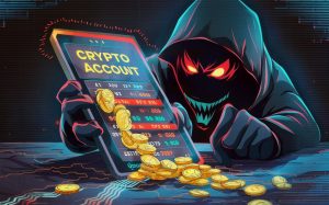 A sinister 3D render illustration of a crypto account being hacked, with digital currency draining from it. The account balance is shown decreasing rapidly, leaving a trail of coins in its wake. A menacing, shadowy figure looms over the account, with glowing red eyes and a hood concealing their identity. The background is a dark, void-like space with faint digital glitches scattered around. The overall atmosphere of the image is tense and foreboding, with a sense of urgency., illustration, 3d render