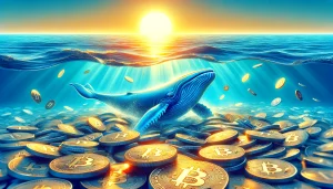 A digital illustration of a majestic blue whale swimming in a sea of Bitcoin coins, with a rising sun in the background casting a golden glow on the water's surface, symbolizing the accumulation of Bitcoin by whales and the potential for a bright future.