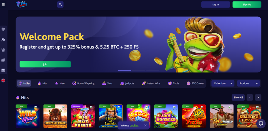The homepage of 7Bit Casino promotes the platform's welcome pack