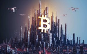 A conceptual digital art piece depicting Bitcoin as a futuristic cityscape. Towering skyscrapers made of cryptocurrency symbols stretch towards the sky, with a golden Bitcoin symbol at the center, representing its value. The city is illuminated by a digital neon glow, and drones fly in the sky, symbolizing the digital nature of the currency. The background is a gradient of dark and light blues, reflecting the theme of Bitcoin.