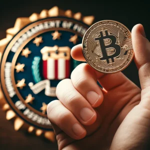 A close-up of a person's hand holding a Bitcoin coin, with the FBI logo in the background, symbolizing the agency's involvement in the cryptocurrency theft investigation.