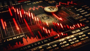 Image depicting a stock market trading screen with red candles and a downward-trending graph, alongside a falling Bitcoin symbol, to illustrate the potential price correction in both markets.