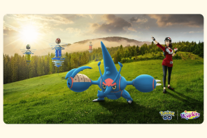 A guide to April's Pokémon GO raids. An image of a Pokémon GO scene with a player in a red and white outfit preparing to throw a Poké Ball. A large, blue Heracross Pokémon stands ready in a vibrant, sunny field with PokéStops and a Gym in the background. The Pokémon GO and World of Wonders logos are displayed at the bottom.