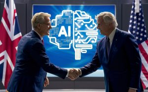 Image of UK and US statesmen shaking hands. The flags of both countries are seen in the background and a large electronic brain to represent AI is on a large screen. High detail., cinematic
