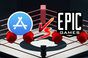 Apple denies breaching court order in ongoing Epic Games dispute. The image is a creative representation of a competition or battle between two major companies in the digital market, specifically in gaming and app distribution. On the left, there is an icon representing Apple, characterized by the stylized white "A" of the App Store logo, with a blue background. The Apple logo has a pair of cartoonish red boxing gloves, indicating readiness for a fight or competition. On the right side, there is a similar icon for Epic Games, known for its popular video game titles and the Epic Games Store. Its logo is black and white with boxing gloves identical to those on the Apple icon. In the center, there is a stylized "VS" for "versus," emphasizing the competitive aspect of the image. The background features a boxing ring, reinforcing the concept of a battle or confrontation between the two entities. This imagery likely alludes to legal or market competition between Apple and Epic Games, perhaps referencing a lawsuit or a dispute over app store policies and practices.