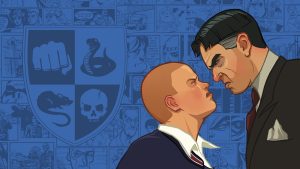 A male teen with a shaved head stares up angrily into the eyes of a teacher in a visual representation of the game Bully.
