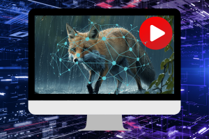 Best AI text to video generators - including free ones. An illustration of a computer monitor displaying a fox enveloped in a network of connected nodes, symbolizing digital connectivity or artificial intelligence. The fox appears to be stepping out from a forest setting into a cybernetic space, indicated by the digital circuitry and blue-hued abstract patterns in the background. Overlaying the image is a prominent play button, suggesting the screen is paused on a video about technology, possibly related to AI video generators.