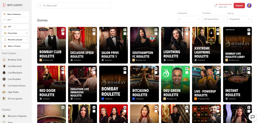 Bitcasino’s roulette section in the All Games area