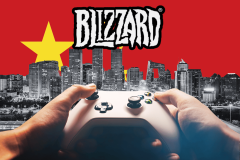 Blizzard and NetEase renew partnership bringing games back to China. Image featuring a red backdrop with a yellow star, symbolizing China's flag, superimposed over a grayscale cityscape. In the foreground, hands hold a gaming controller, and above, the Blizzard logo is prominently displayed.