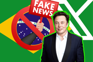 Brazil investigated Elon Musk over fake news and obstruction on X. The image features Elon Musk superimposed on a background consisting of the Brazilian flag and a large red prohibition sign that overlays the text 