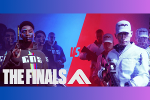 The Finals' Attack and Defend game mode set to be unveiled. The image is a promotional graphic for a competitive event titled "THE FINALS." It features two opposing teams, divided by a central versus (VS) sign. On the left, there is a team with blue-toned lighting, and one prominent individual in the foreground is holding a trophy. Behind him, slightly faded, are his teammates. On the right, under red-toned lighting, there's another team, with the foremost person holding a gun, possibly from a video game, hinting at an esports context. Behind him, his teammates are also slightly faded. The contrasting colors and the presence of weaponry suggest that this event could be a video game tournament final, emphasizing the competitive nature of the occasion.