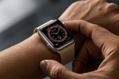 Closeup of a person wearing an Apple Watch Series 9. The watch is on their left wrist, and they are cycling through features with the multi-function button using their right index finger.