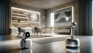 A sleek, modern home interior illuminated by soft, natural light showcases Apple's venture into personal robotics. In the foreground, an Apple-branded mobile robot with a minimalist design in silver and white follows a user, featuring a touch-sensitive screen and discreet sensors. Nearby, a table-top device with a robotic arm, matching in color, adjusts a futuristic display screen. The room is adorned with digital patterns and neural network illustrations, suggesting advanced AI and machine learning technology.