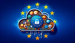 A dynamic image depicting the integration of global tech giants into the European Union's cloud computing market, set against the EU flag. At the center, a stylized cloud symbol interweaves with the logos of Amazon, Google, and Microsoft. Symbols of cybersecurity, including a shield and a lock, are seamlessly incorporated, emphasizing the importance of secure digital infrastructure. The image conveys unity, cooperation, and a secure future for cloud computing within the EU.