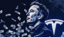 Elon Musk black and white side profile, on a dark blue background which features a large Tesla logo. wads of money rain down on the logo
