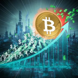 An animated graphic illustrating the surge in Bitcoin value. A digital Bitcoin symbol rapidly ascends on the graph, leaving a trail of dollar signs and a storm of green and red currency notes. The background is a futuristic cityscape with towering skyscrapers, representing the world of cryptocurrency. The overall ambiance of the image is energetic and dynamic, reflecting the volatile nature of the market.