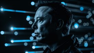 A side profile black and white headshot image of Elon Musk. The background is dark with blue lines of electricity