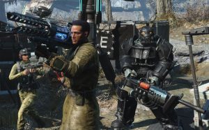 In-game image of Fallout 4 showing new characters, one in bulky power armor, representing the series Enclave faction.
