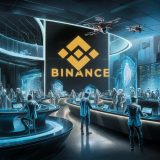 A digital illustration of a futuristic, high-tech trading floor dominated by the Binance logo. The space is sleek, modern, and bustling with activity as traders in high-tech suits make transactions on sleek, glowing screens. Holograms display real-time market data and updates, while drones fly overhead, assisting with logistics and information distribution. The overall ambiance is a blend of cutting-edge technology and fast-paced business, creating a vibrant, dynamic atmosphere.