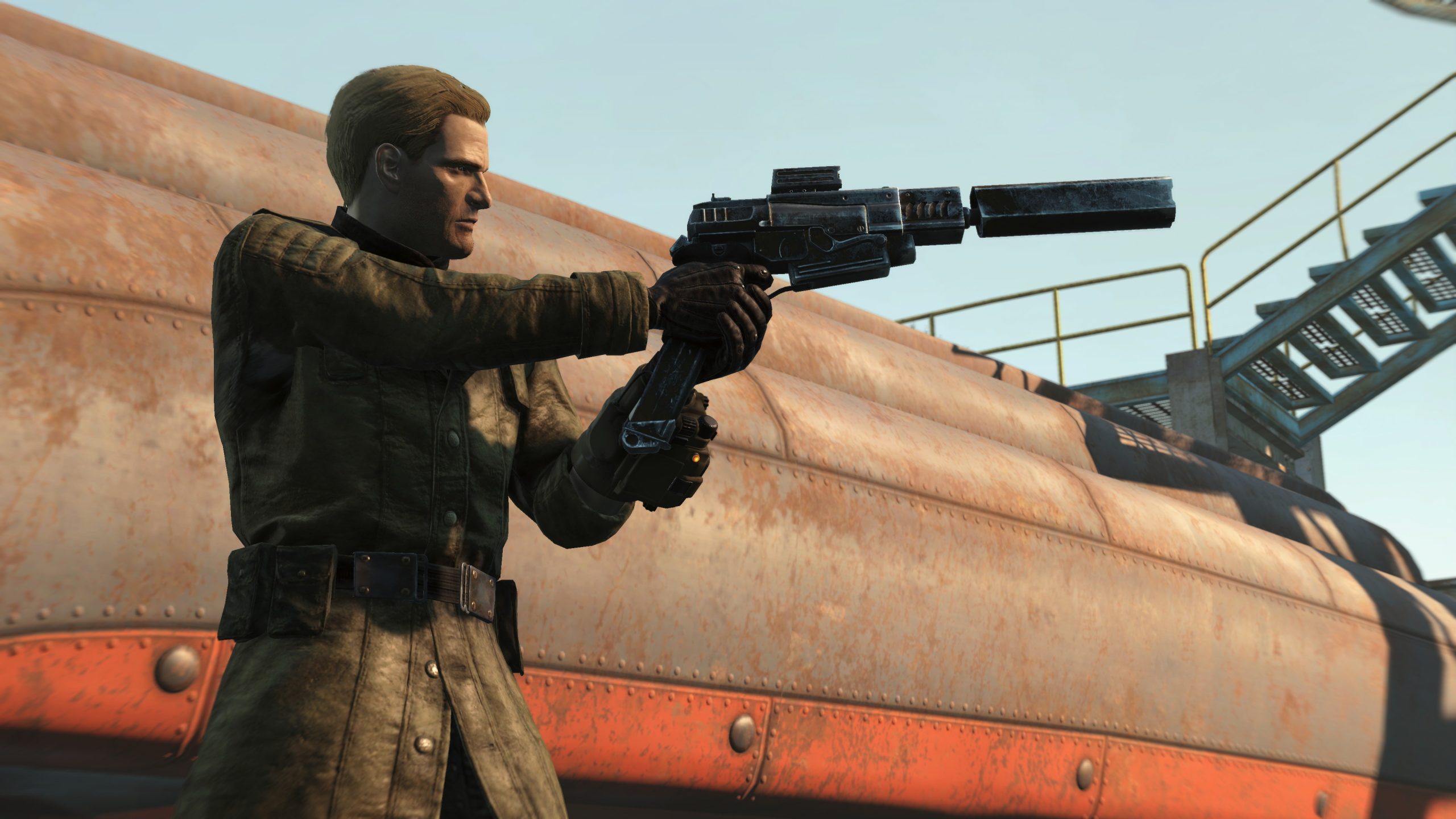 An Enclave officer in a long brown coat raises his weapon, which appears to be a silenced pistol