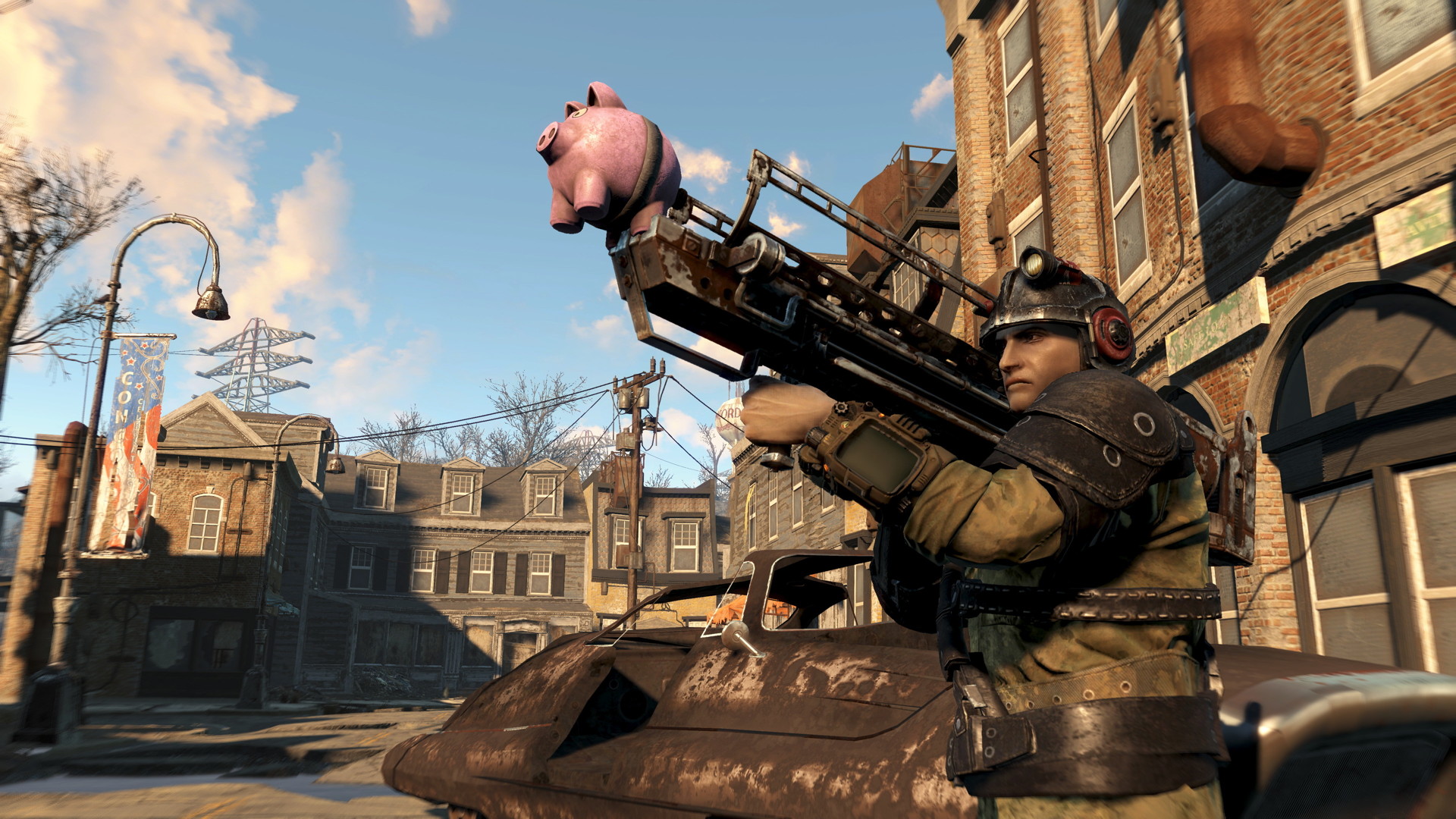A Fallout 4 character hoists an improvised weapon which looks like a rocket launcher whose payload is a piggybank.