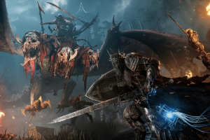 Final 'Master of Fate' 1.5 update released for Lords of the Fallen. An armored warrior wielding a shield and sword faces off against a monstrous, towering beast with multiple skeletal heads and sharp limbs, in a dark and desolate battlefield reminiscent of a ruined city. The setting evokes a grim fantasy world where magic and medieval combat merge, highlighted by the warrior's glowing blue magical energy confronting the imposing creature.