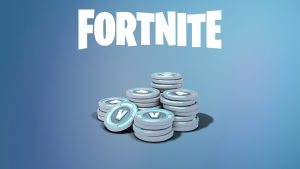 A pile of V-Bucks, the Fortnite digital currency are piled under white "Fortnite" text