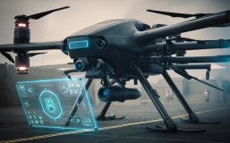 AI in military drone, a futuristic military drone equipped with advanced AI technology. The drone is sleek and black, with multiple camera lenses and propellers.