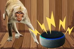 Girl in India thwarts monkey attack using Amazon Alexa. A monkey recoiling in surprise as yellow lightning bolts emanate from an Amazon Alexa device on a wooden floor.
