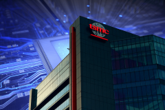 Global tech at risk as Taiwan earthquake halts TSMC chip production. A TSMC building with a glowing circuit board background, symbolizing high-tech semiconductor manufacturing.