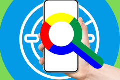 Google could launch Find My Device network in early April. A hand holding a smartphone with the Google logo magnifying glass icon overlaid on a background of concentric circles in Google's colors.