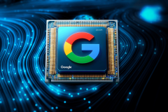 Google launches advanced Arm-based 'Axion' chip. Digital illustration of a Google Arm-based Axion processor chip, designed in blue, red, yellow, and green, on a white background.
