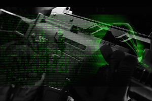 Hackers 'steal Ready or Not developer's source code'. A hooded figure in green digital camouflage, symbolizing a hacker, holds a rifle against a backdrop of binary code.