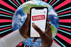 Here's a list of countries have a TikTok ban and why. An image of a person holding a smartphone with a "BANNED" stamp over the screen, set against a backdrop of the Earth and vibrant pink and blue rays emanating from behind. The implication is that the content, likely an app such as TikTok, is banned in certain areas of the world.