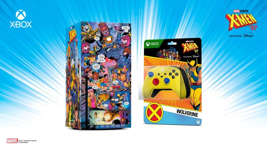 product shot showing the special edition X-Men '97 Xbox Series X with a matching Wolverine-themed Xbox controller, in its blister packaging