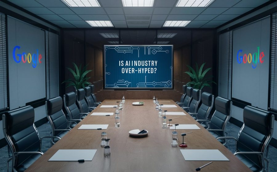 an empty corporate meeting room. A screen at the back of the room says: Is AI industry over-hyped? the Google logo is on one of the meeting room walls, 3d render