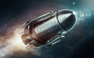 A futuristic and conceptual representation of the Ethereum ETF. A sleek, metallic capsule is shown, with the words "Ethereum ETF" embossed on it. The capsule appears to be launching into space, surrounded by a galaxy of stars and a nebulous background. The scene suggests the growth and potential of Ethereum's financial impact on the world.